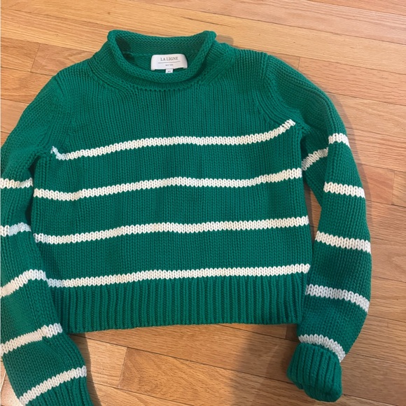 La Ligne Emerald and Cream Striped Turtleneck Sweater - Picture 3 of 3